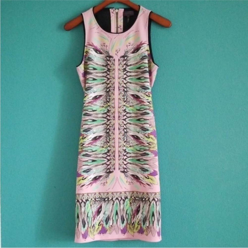 Hale Bob Pink Feather Print Dress Women Sleeveless cut out back size medium